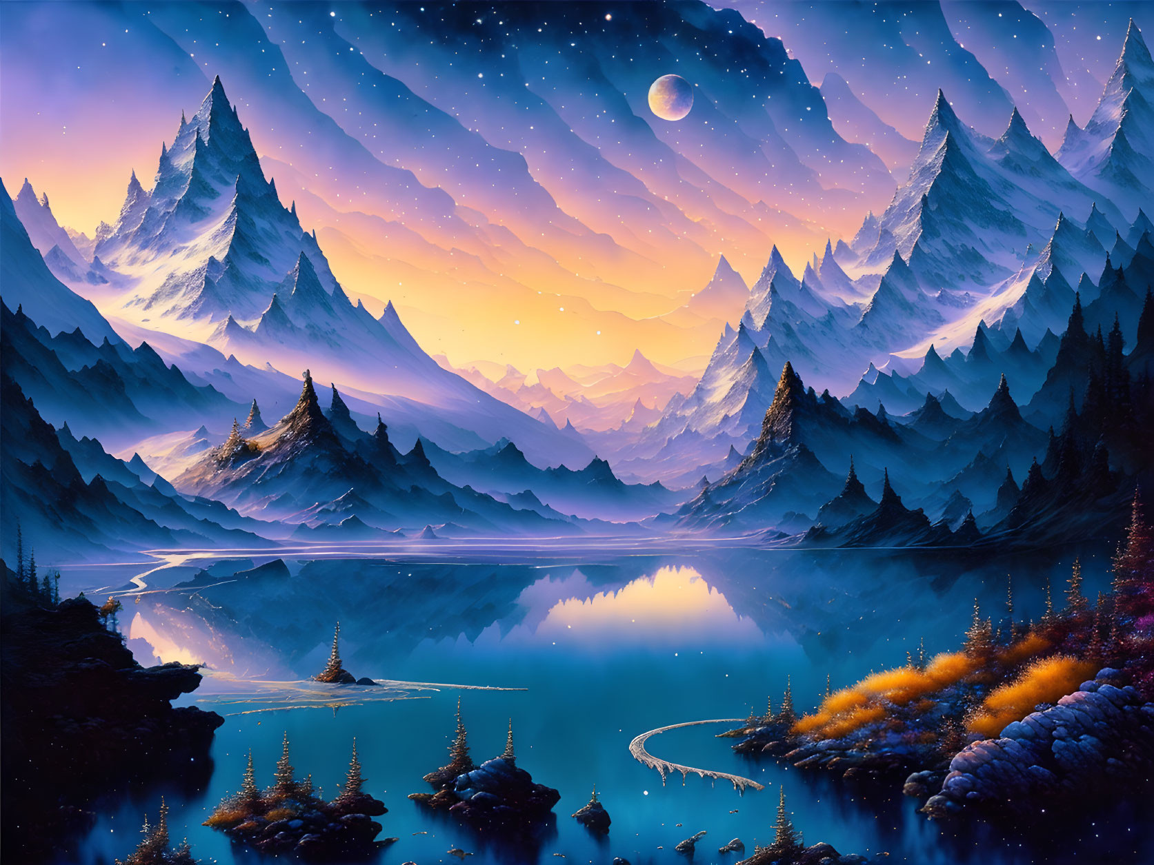 Digital Art: Serene Twilight Scene with Snow-Capped Mountains, Lake, and Starry Sky