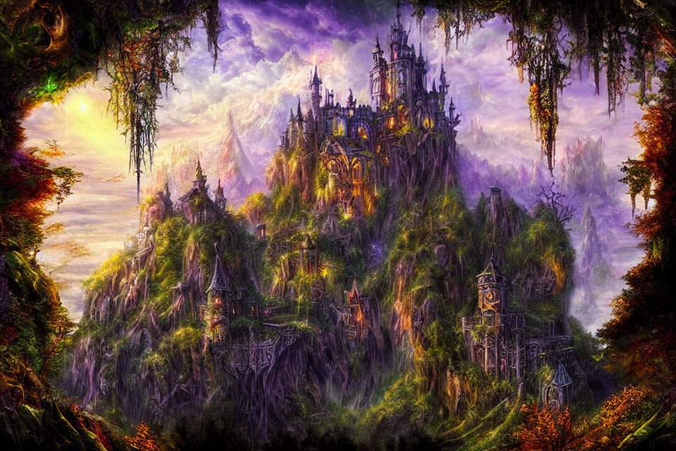 Enchanted castle on lush mystical hill in warm light