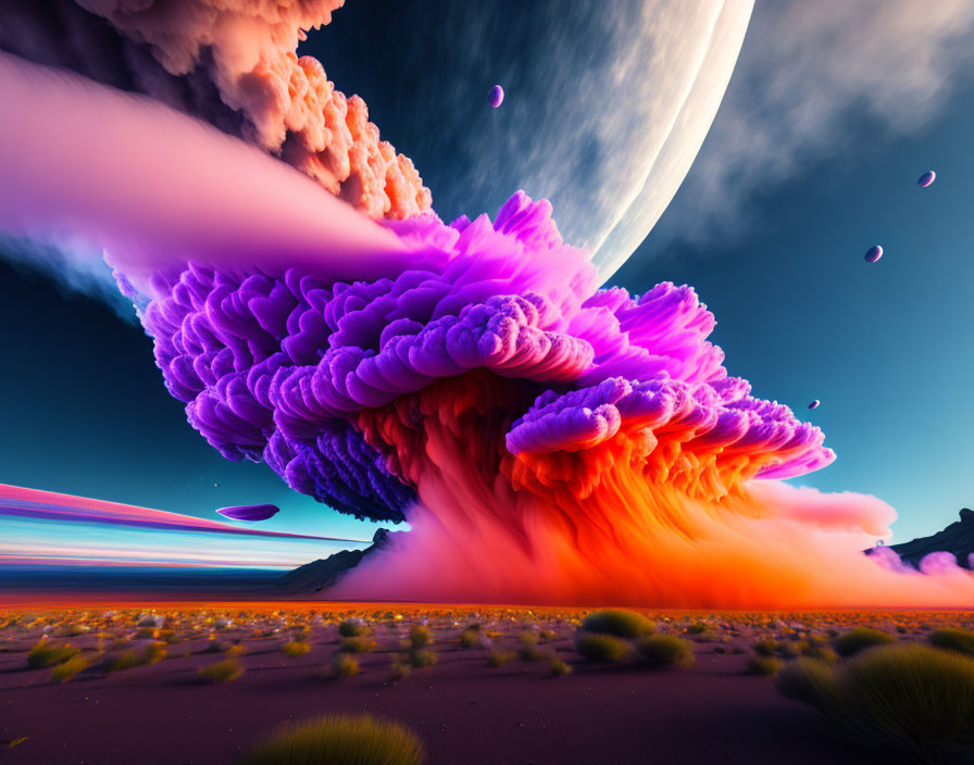 Vivid digital artwork: Colossal purple & orange mushroom cloud explosion under massive planet on alien desert landscape