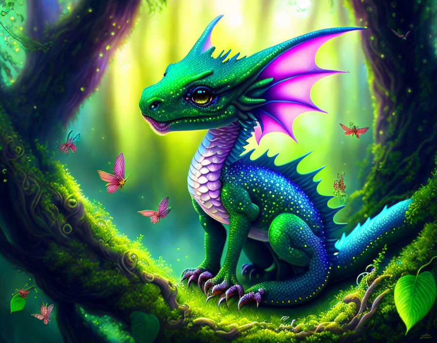 Vibrant illustration of fantastical dragon with pink wings in forest