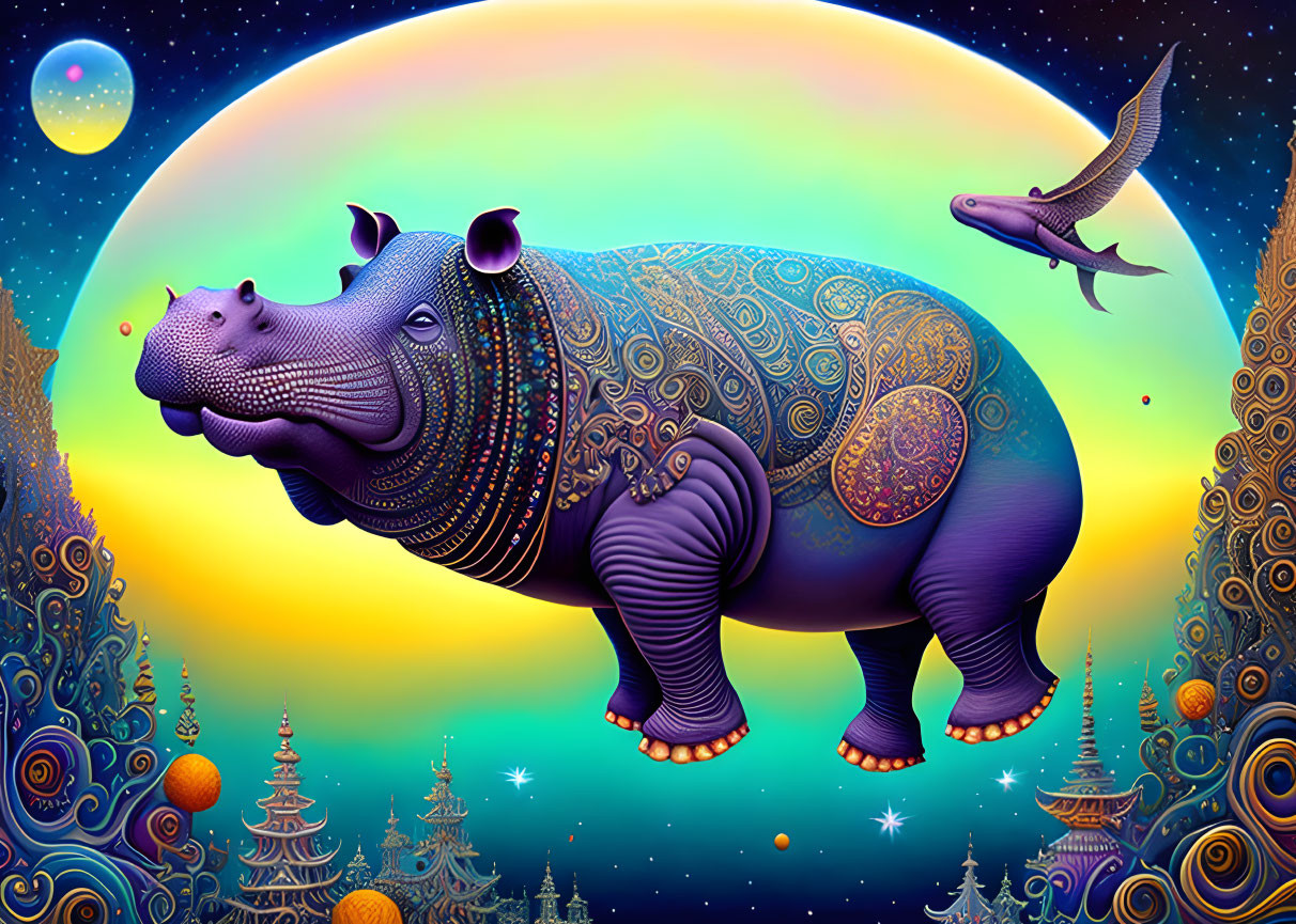 Colorful Decorated Hippo in Cosmic Fantasy Scene