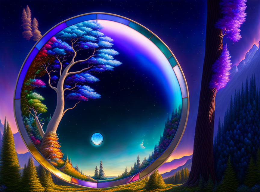 Circular Tree Artwork with Seasonal Colors and Night Sky