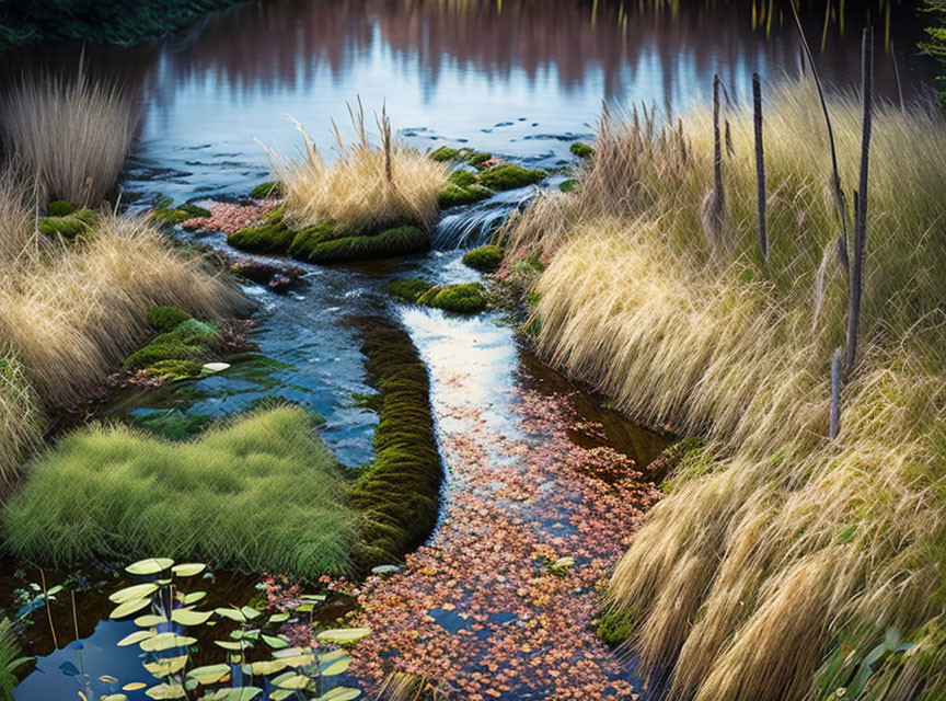 Tranquil stream with grassy tufts, fallen leaves, and lily pads