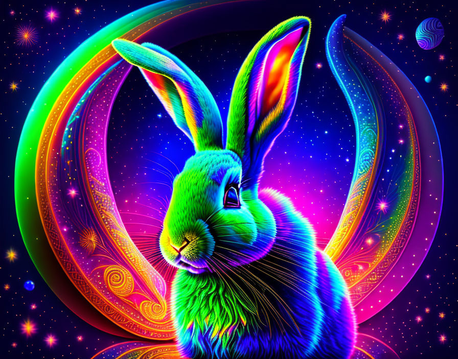 Colorful rabbit illustration on cosmic background with neon hues.