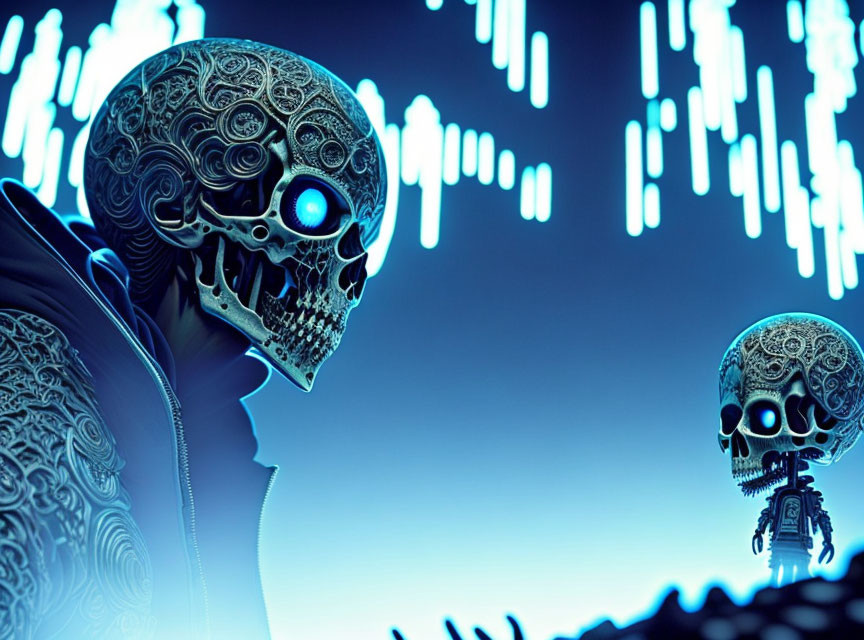 Illustration of two robotic skulls with intricate patterns on glowing blue data charts