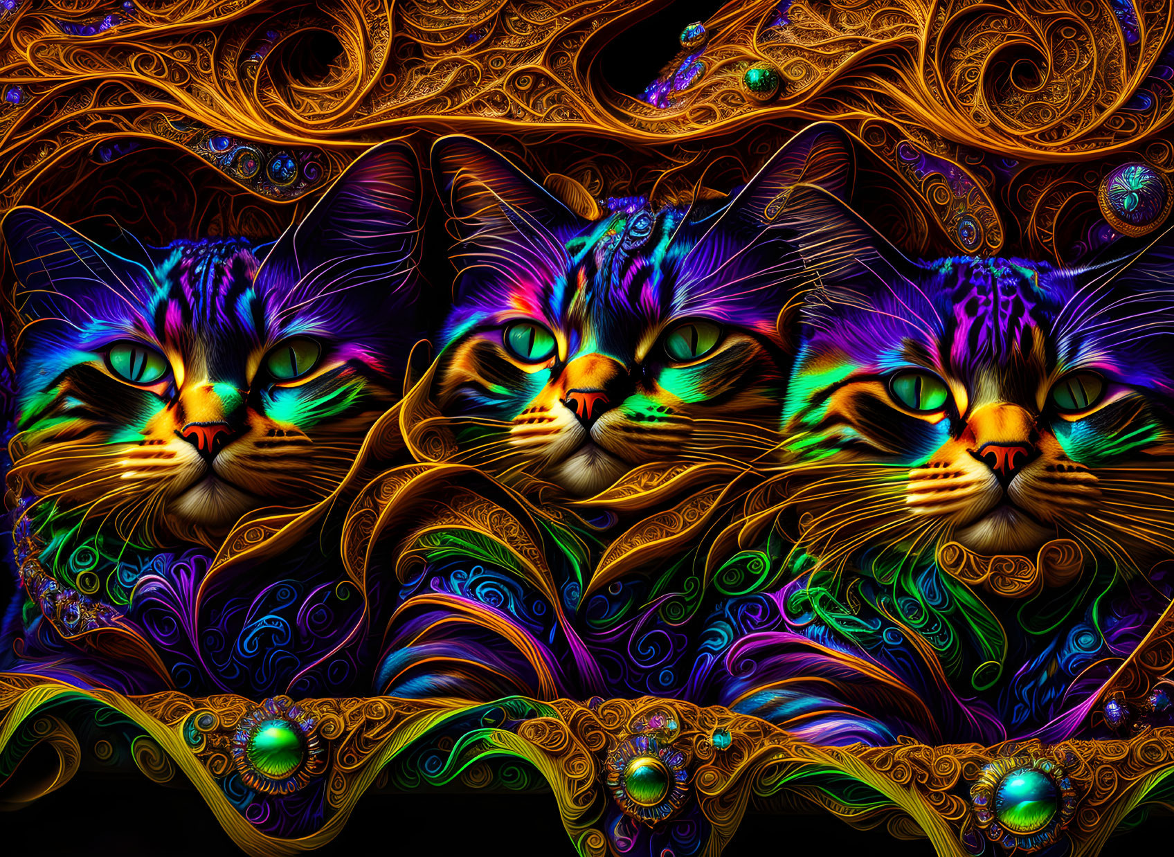 Colorful Digital Art: Three Stylized Cats with Abstract Designs and Pearls