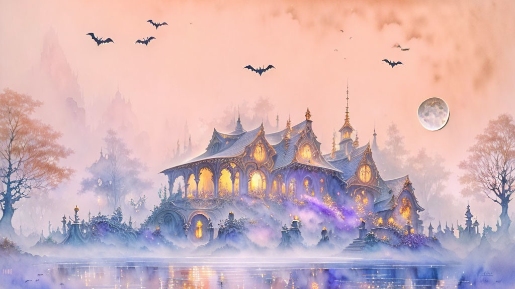 Fantasy castle illustration with bats, moon, misty waters, and pink sky