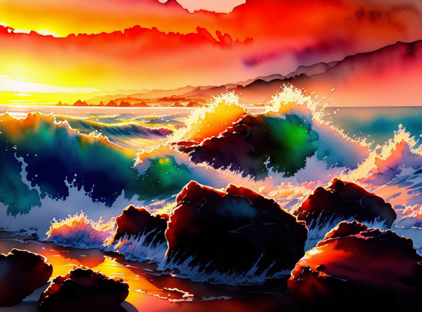 Colorful watercolor painting: waves on rocks under fiery sunset