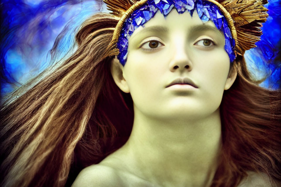 Young woman in decorative headdress against ethereal blue background