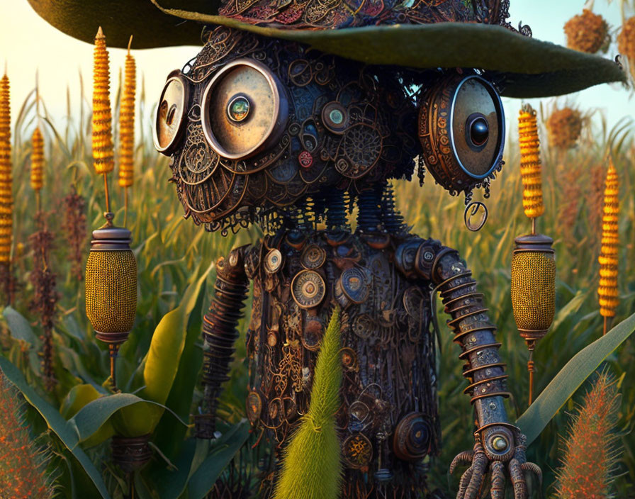 Steampunk-style robot with gears and hat in cornfield