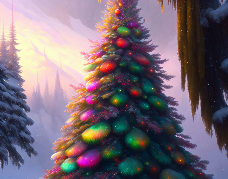 Colorful lights adorn illuminated Christmas tree in snowy winter landscape