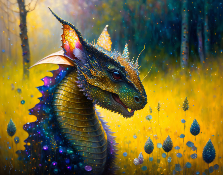 Colorful Dragon Illustration in Enchanted Forest Setting