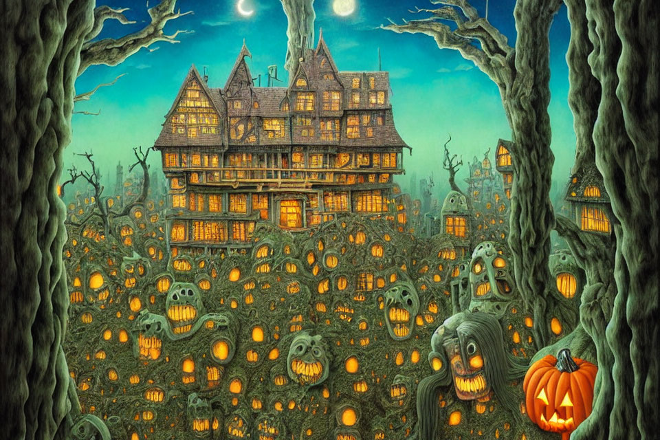 Haunted house, gnarled trees, jack-o'-lanterns in eerie Halloween illustration