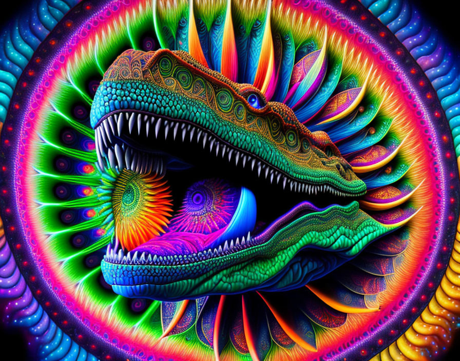 Colorful Psychedelic Art: Interlocking Crocodile Heads on Kaleidoscopic Background