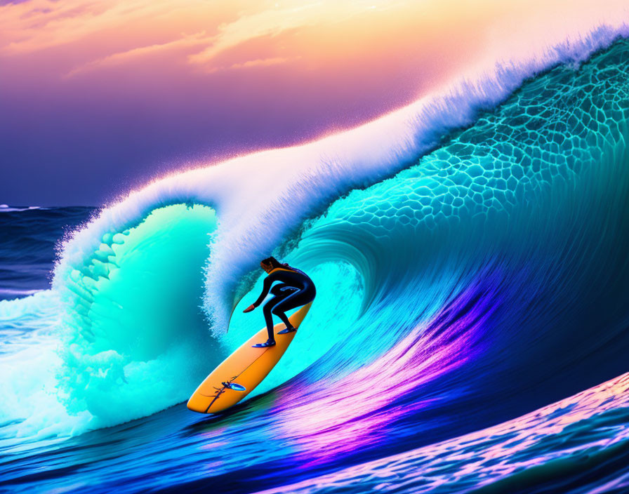 Vibrant surfer riding towering wave under surreal light