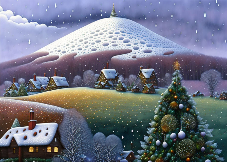 Snowy twilight scene of cozy village with Christmas tree