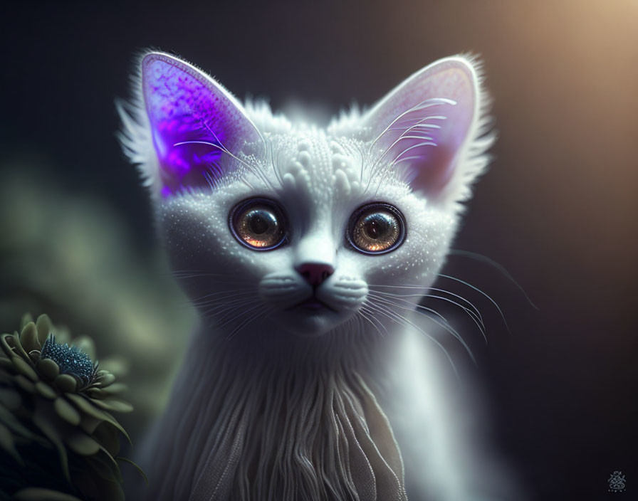 White Kitten with Violet Ears and Brown Eyes in Digital Art