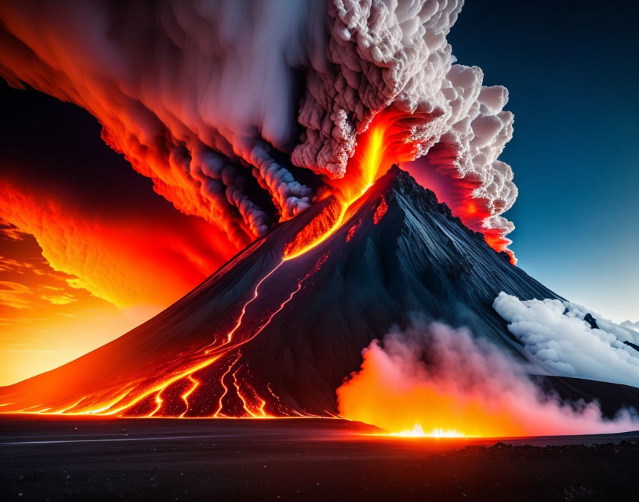 Dramatic volcanic eruption with fiery lava flows and ash clouds at dusk