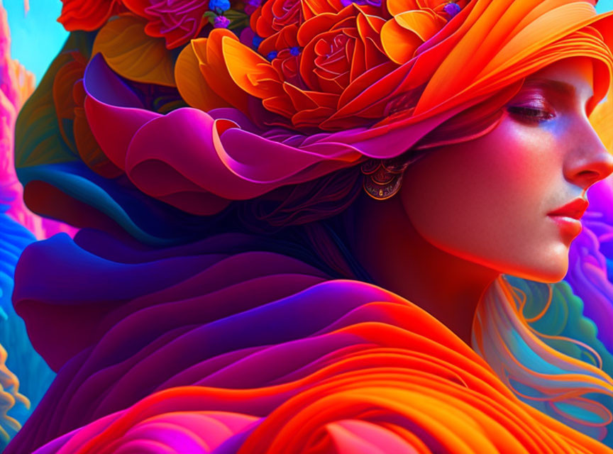 Colorful digital artwork of woman with flamboyant hat and flowing hair