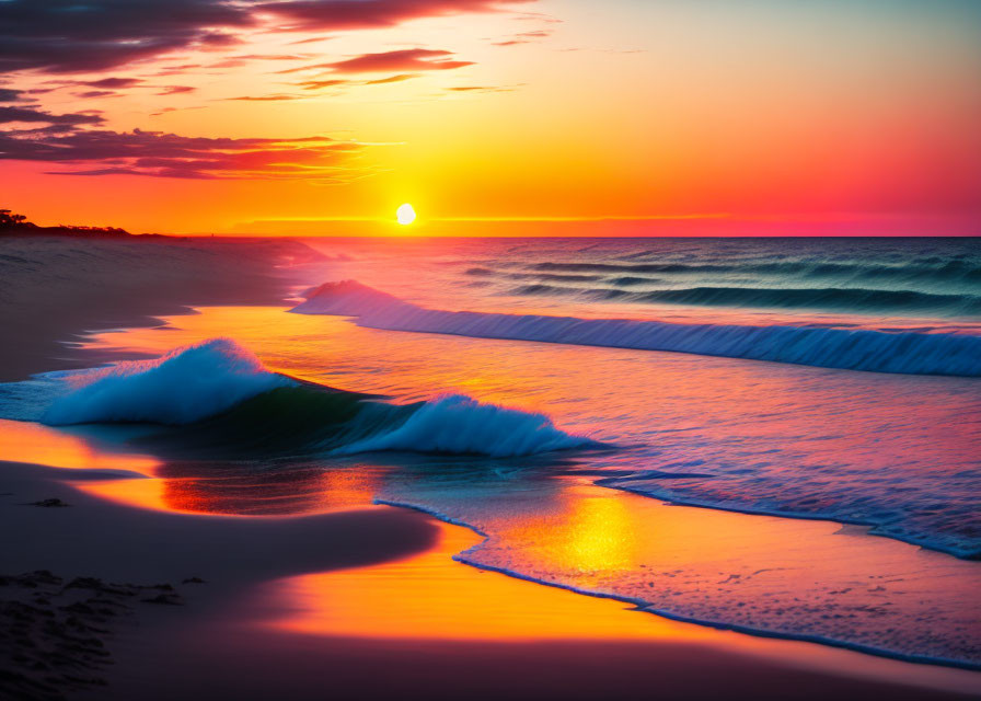 Vibrant orange sunset at beach with reflections on water and sand