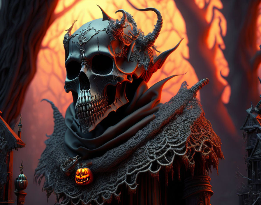 Skull with Horns in Dark Cloak with Jack-o'-lantern Pendant on Fiery Gothic