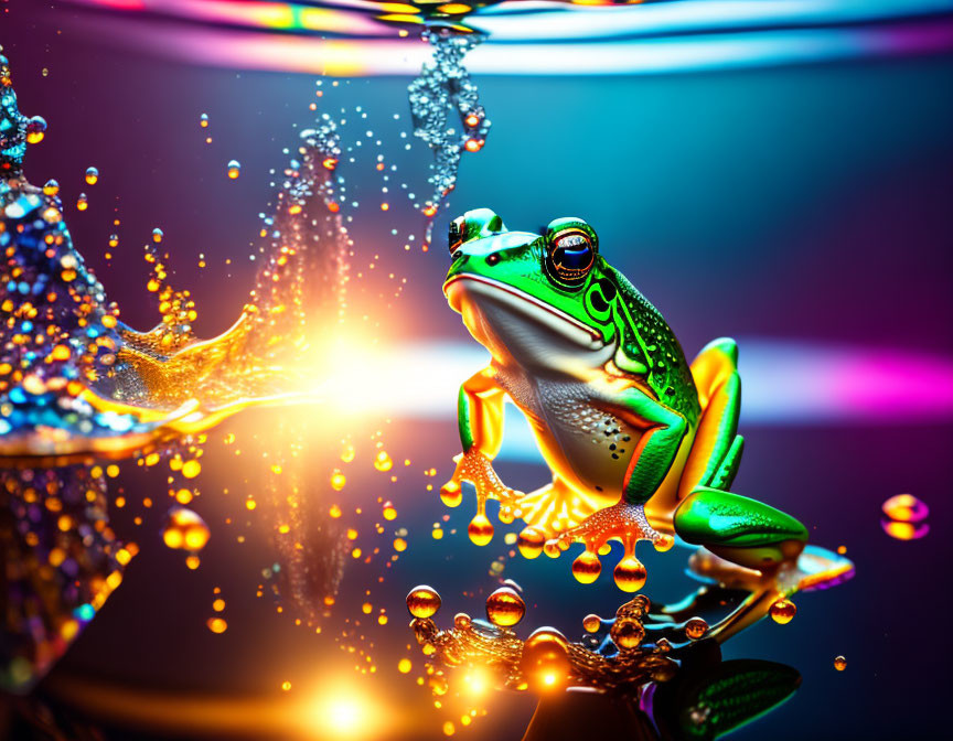 Colorful Frog Surrounded by Splashing Water and Reflective Droplets