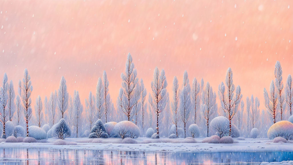 Snow-covered trees and frozen river in twilight winter landscape