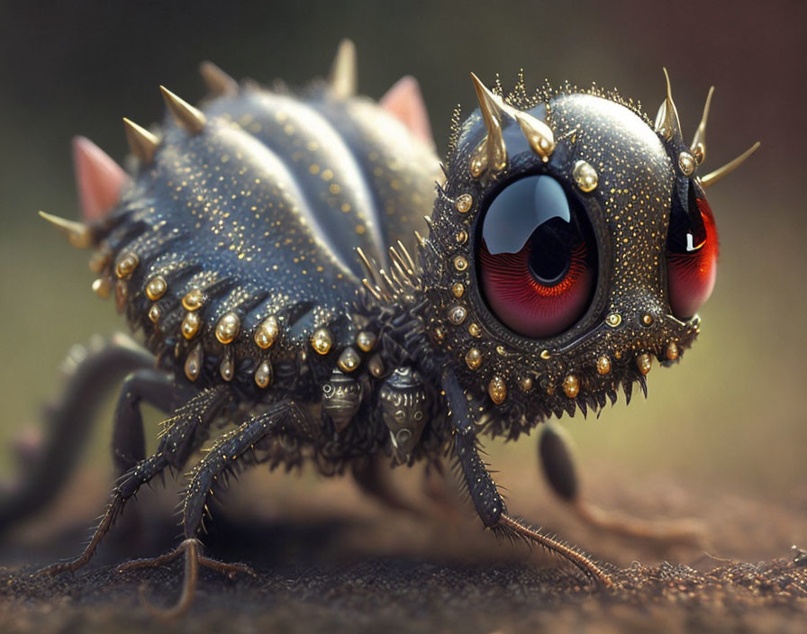 Spiky insect-like fantasy creature with metallic exoskeleton and red eyes.