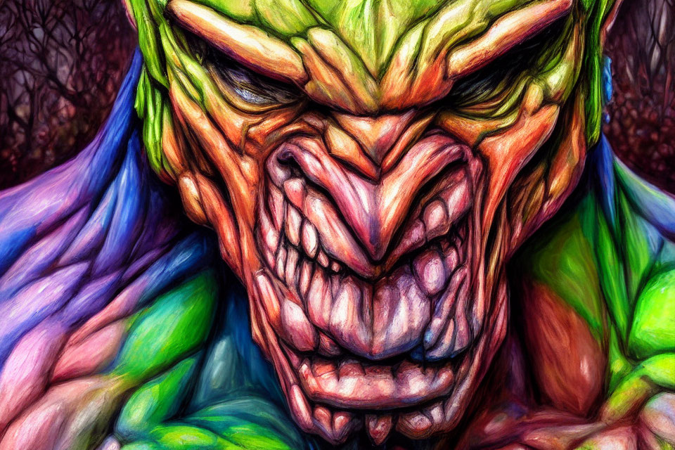 Colorful Stylized Art of Snarling Creature with Green Skin