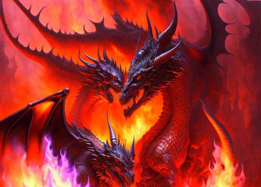 Black Dragon with Glowing Eyes in Fiery Environment