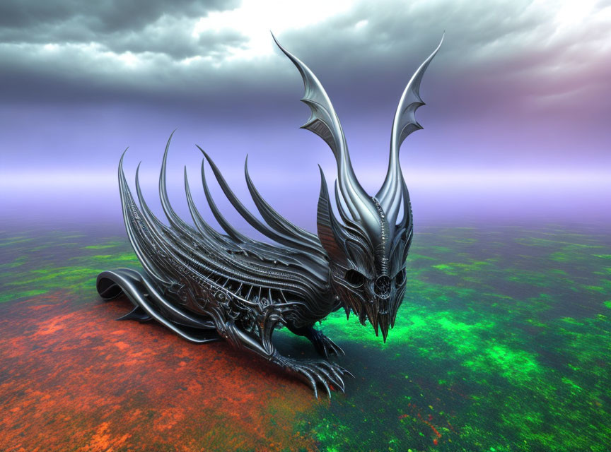 Metallic dragon with spikes and wings on vibrant terrain under stormy sky