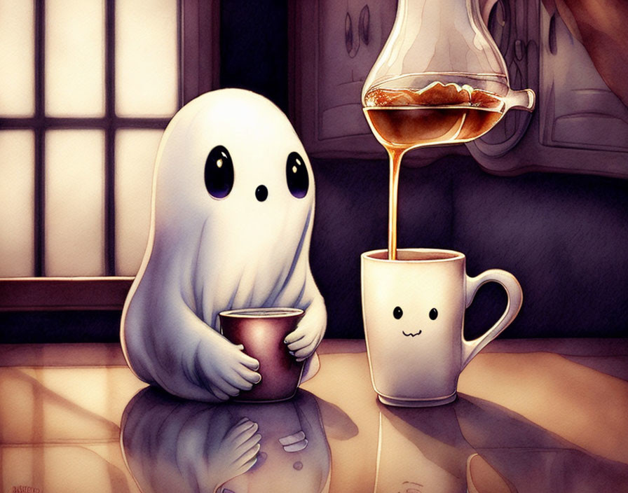 Ghost pouring coffee into smiling cup in cozy room