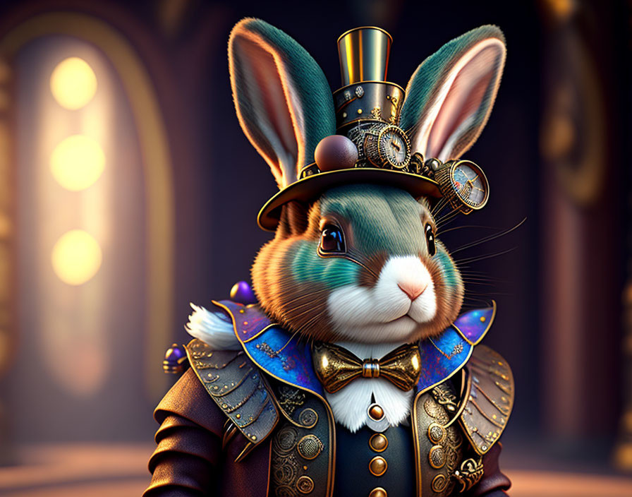 Steampunk-inspired anthropomorphic rabbit in top hat and coat