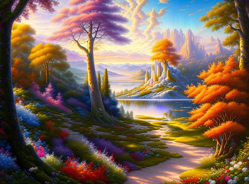 Colorful Fantasy Landscape with Trees, Lake, and Mountains