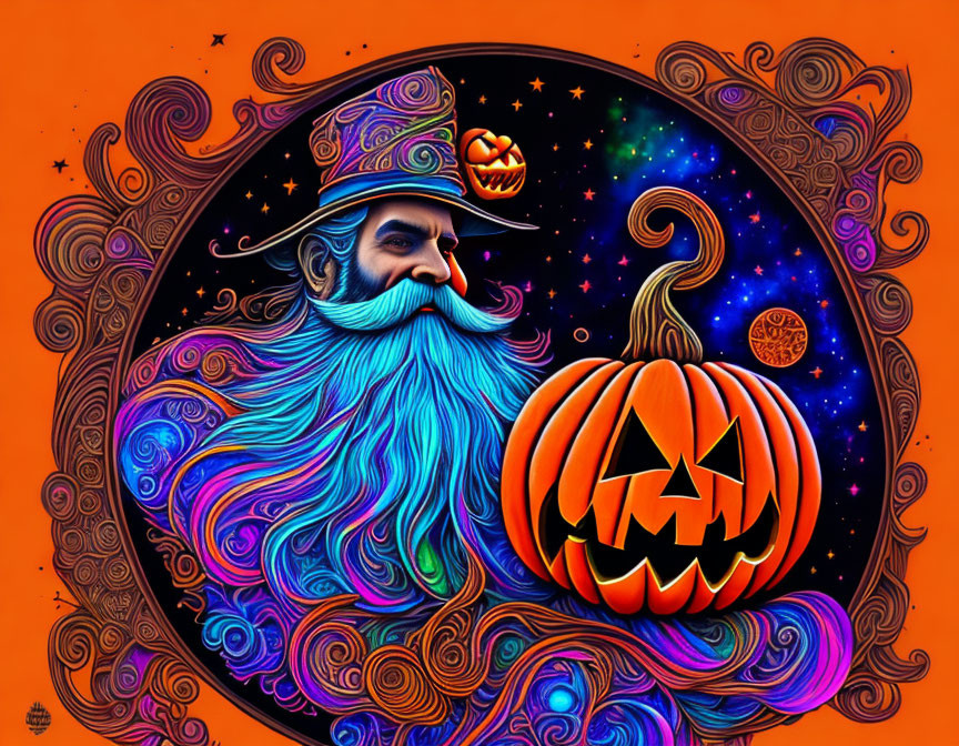 Colorful Wizard with Blue Beard and Pumpkin Lantern Under Starry Sky