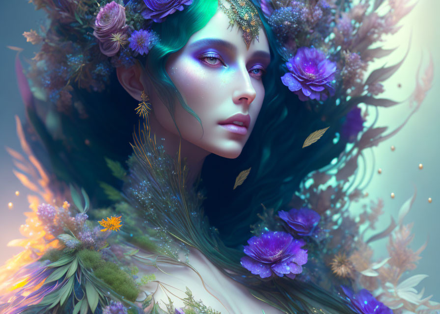 Blue-skinned mystical female adorned with flowers and feathers.