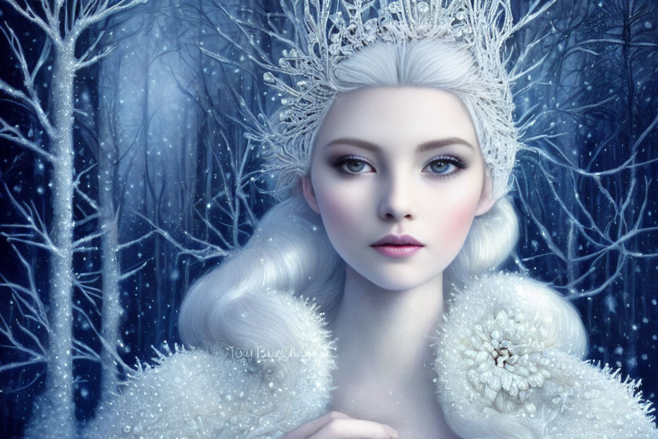 Fantasy ice queen portrait with crystal crown in snowy forest