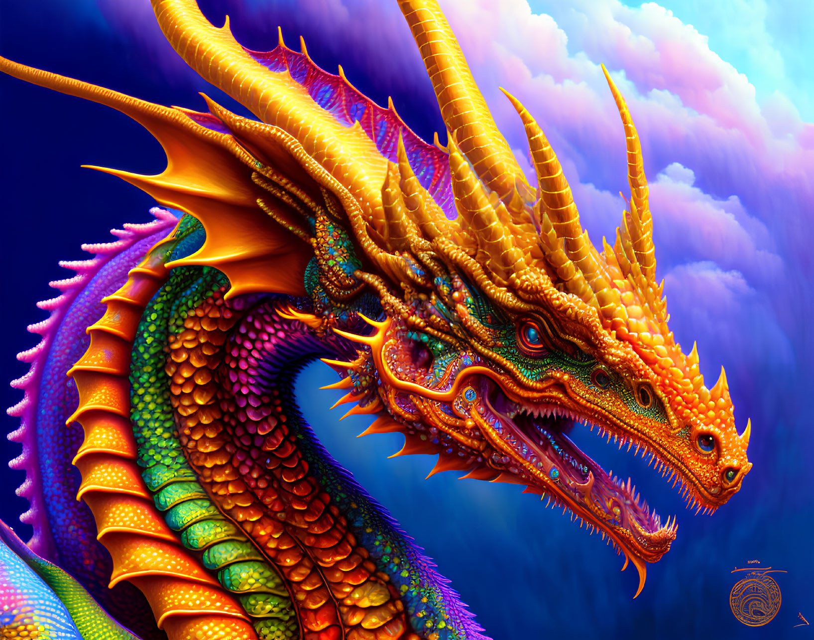 Colorful Dragon with Detailed Scales and Horns under Purple Sky