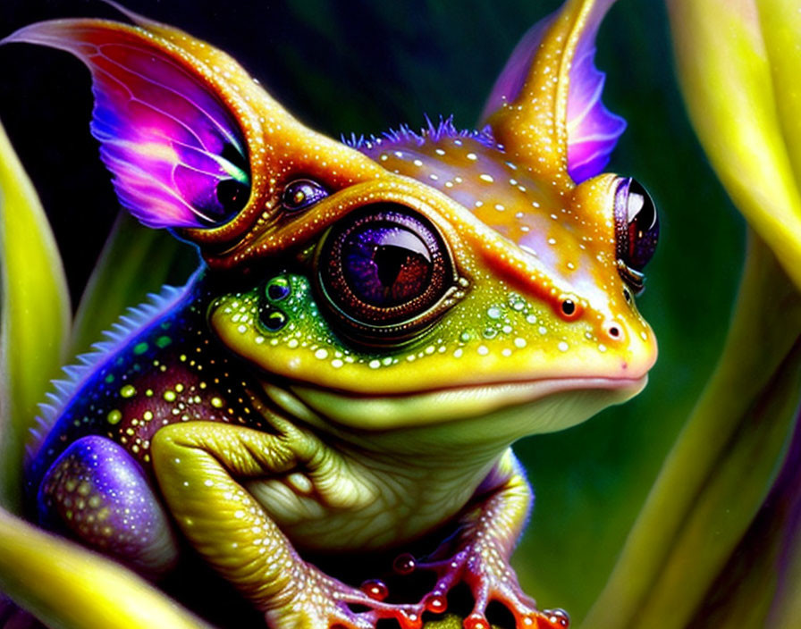 Colorful Stylized Frog Illustration with Orange Skin and Purple Spots