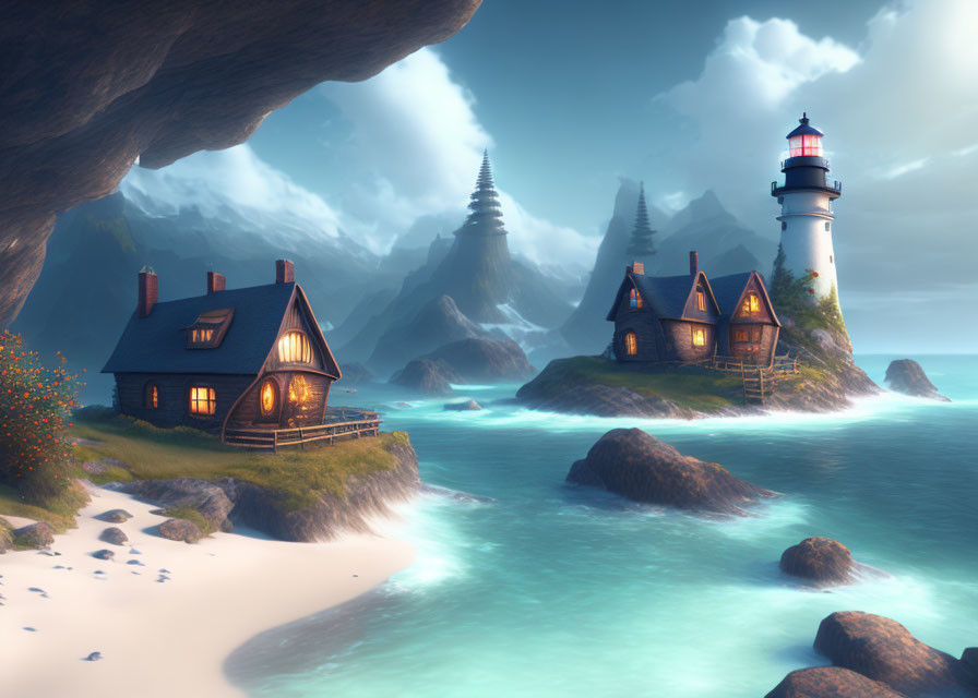 Serene seaside landscape with lighthouse, cottages, mountains, and sunset