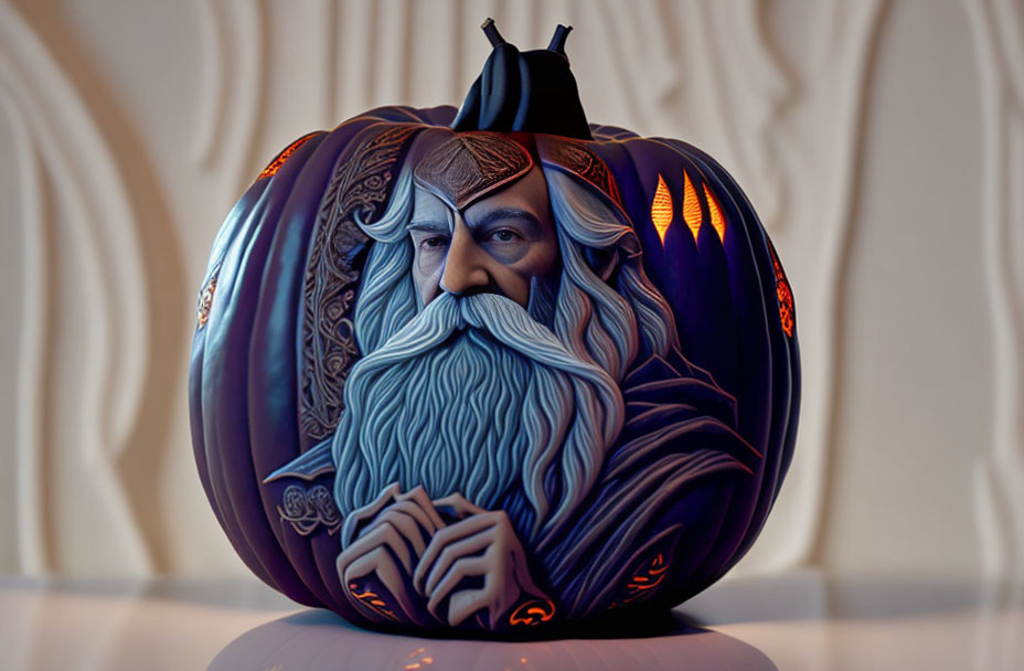 Detailed Wizard Pumpkin Carving with Glowing Eyes