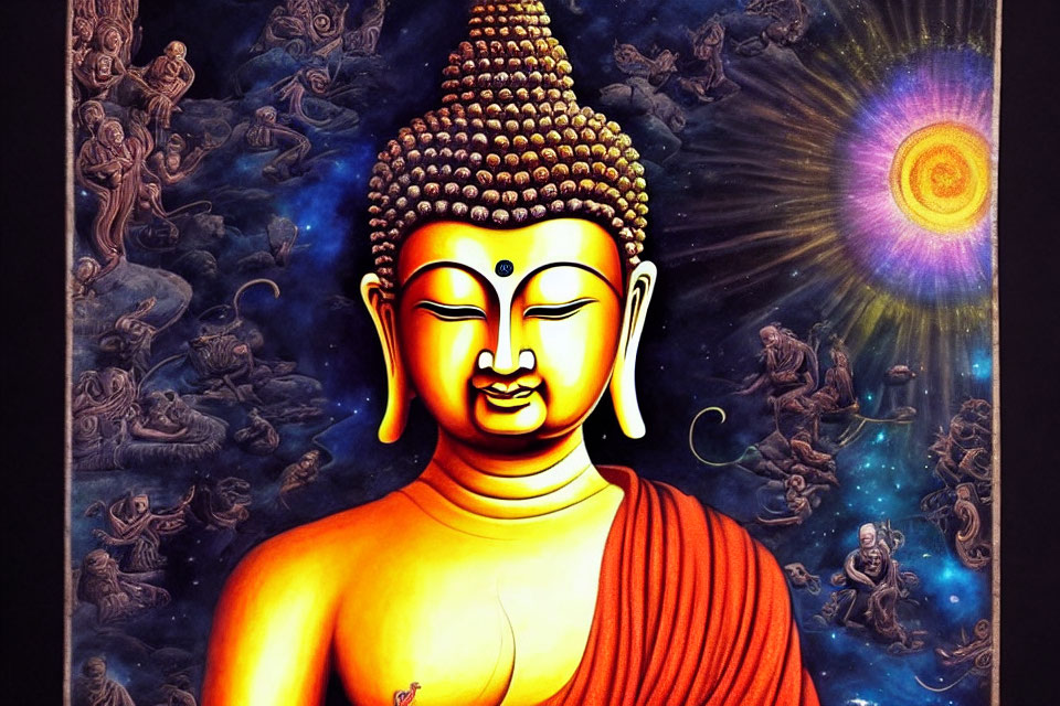 Vibrant Buddha Meditation Artwork with Cosmic Background