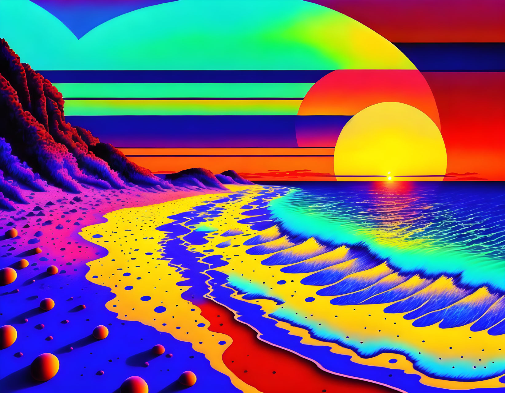 Colorful surreal beachscape with neon sky, large sun, patterned sea, and multicolored