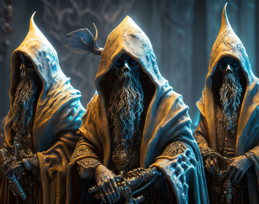 Mystical figures in hooded cloaks with bearded masks