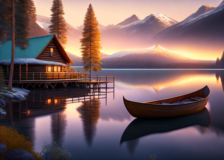 Tranquil sunset lake scene with cabin, dock, canoe, mountains, and pine trees