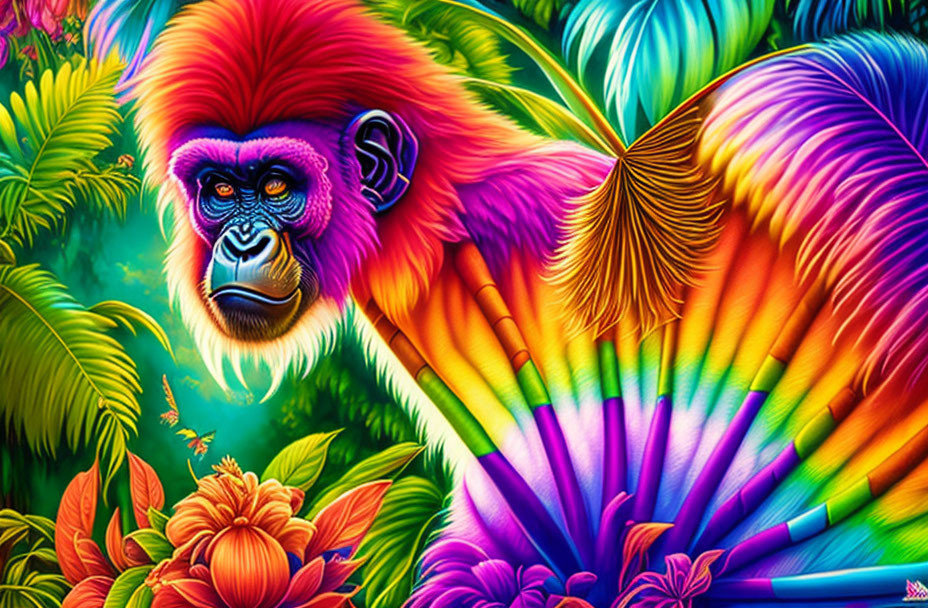 Colorful Monkey Illustration in Psychedelic Jungle Scene