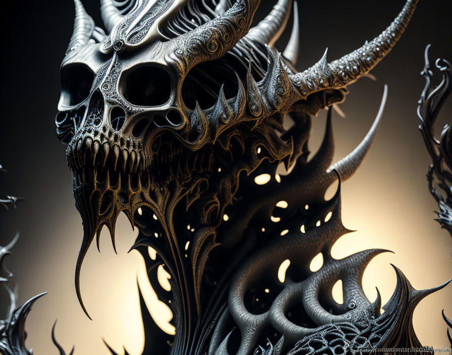 Intricate Metallic Dragon Skull with Gothic Designs on Gradient Background