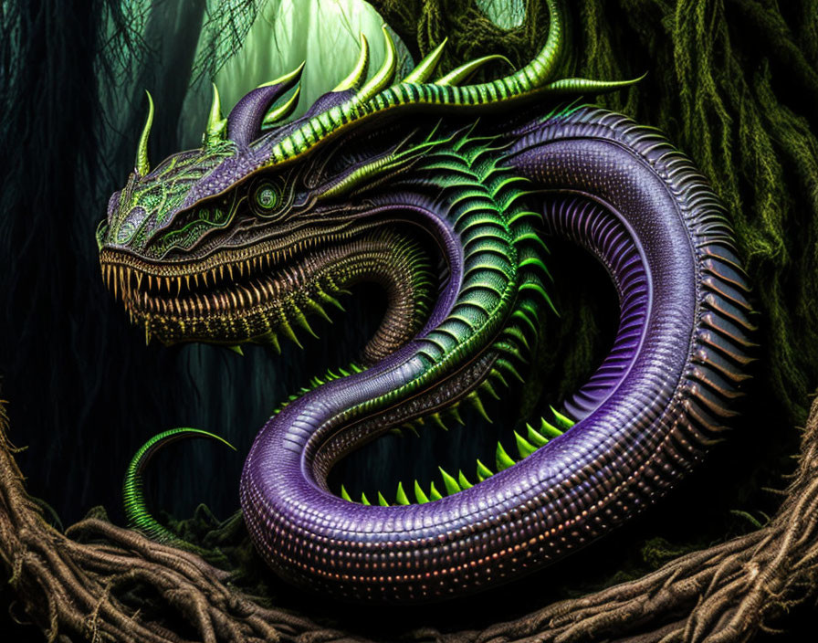 Vibrant purple and green dragon in mystical forest with luminous orb