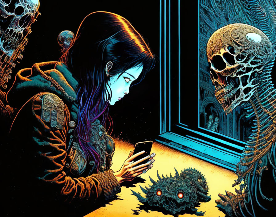 Stylized artwork of girl on phone with neon-lit skull creatures