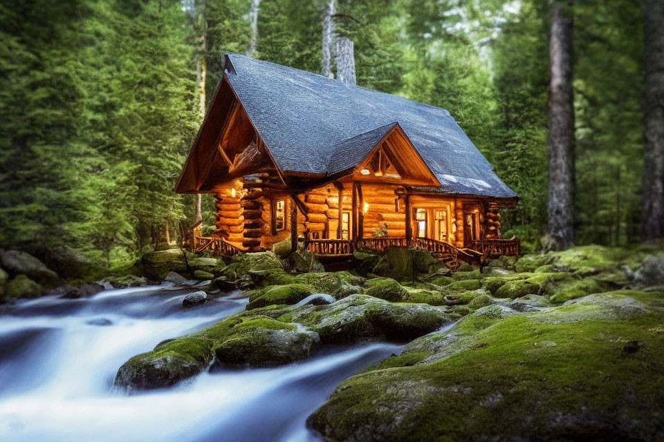 Rustic log cabin in forest by stream with moss-covered rocks